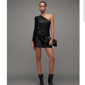 ALLSAINTS Daphne Animal Print BODYSUIT One Shoulder Black Shimmer NEW